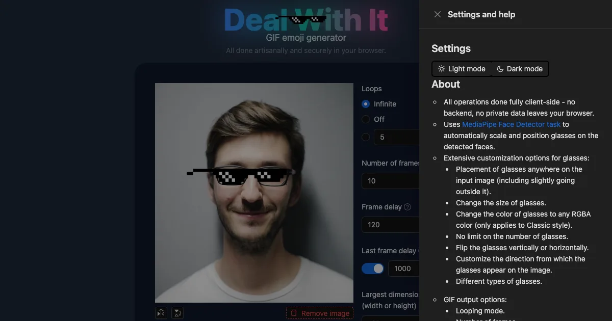 Deal With It editor with the settings panel open, listing the face detection and GIF output options