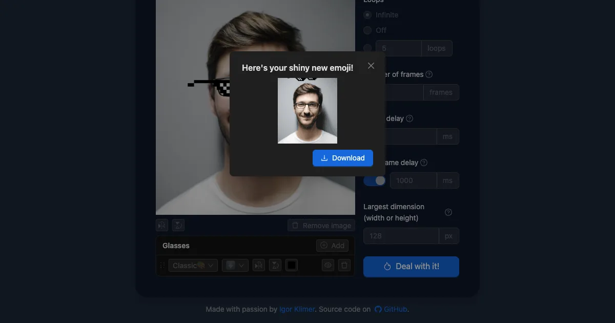 Generated GIF preview with the download button in a confirmation dialog