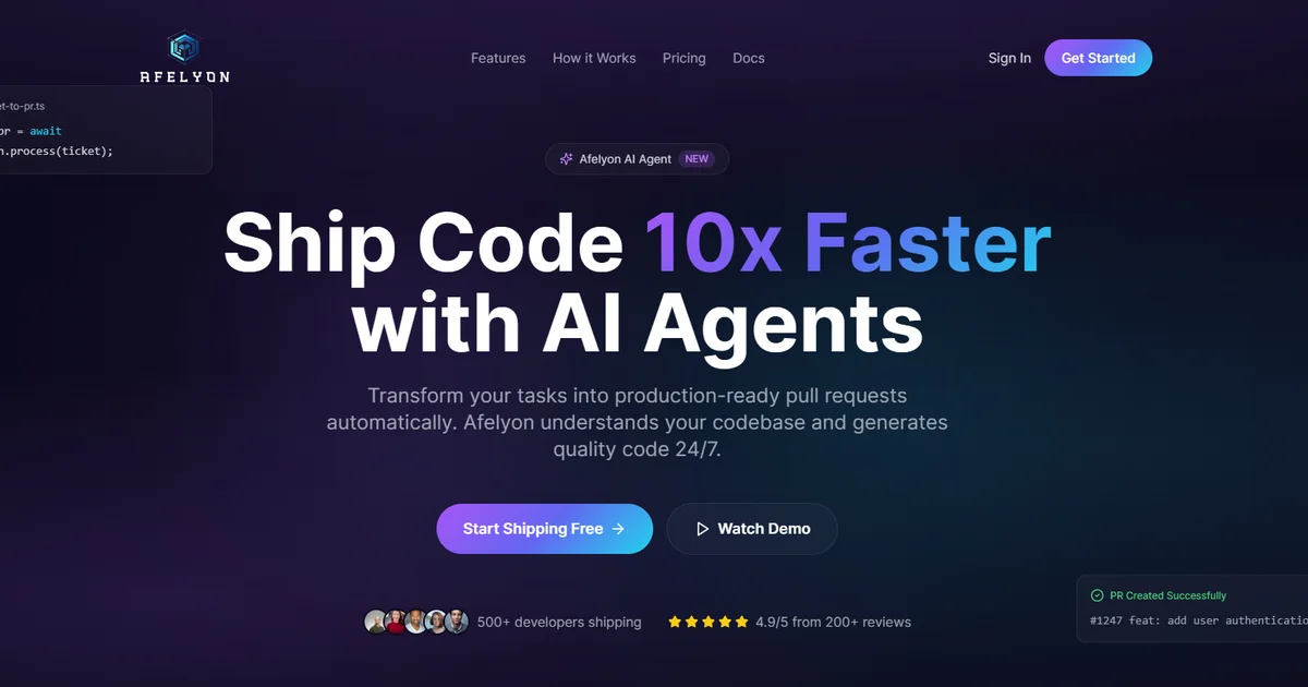 Afelyon product screenshot – ticket to PR workflow