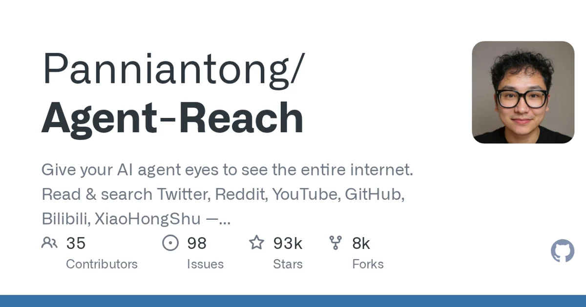 GitHub social preview card for Panniantong/Agent-Reach