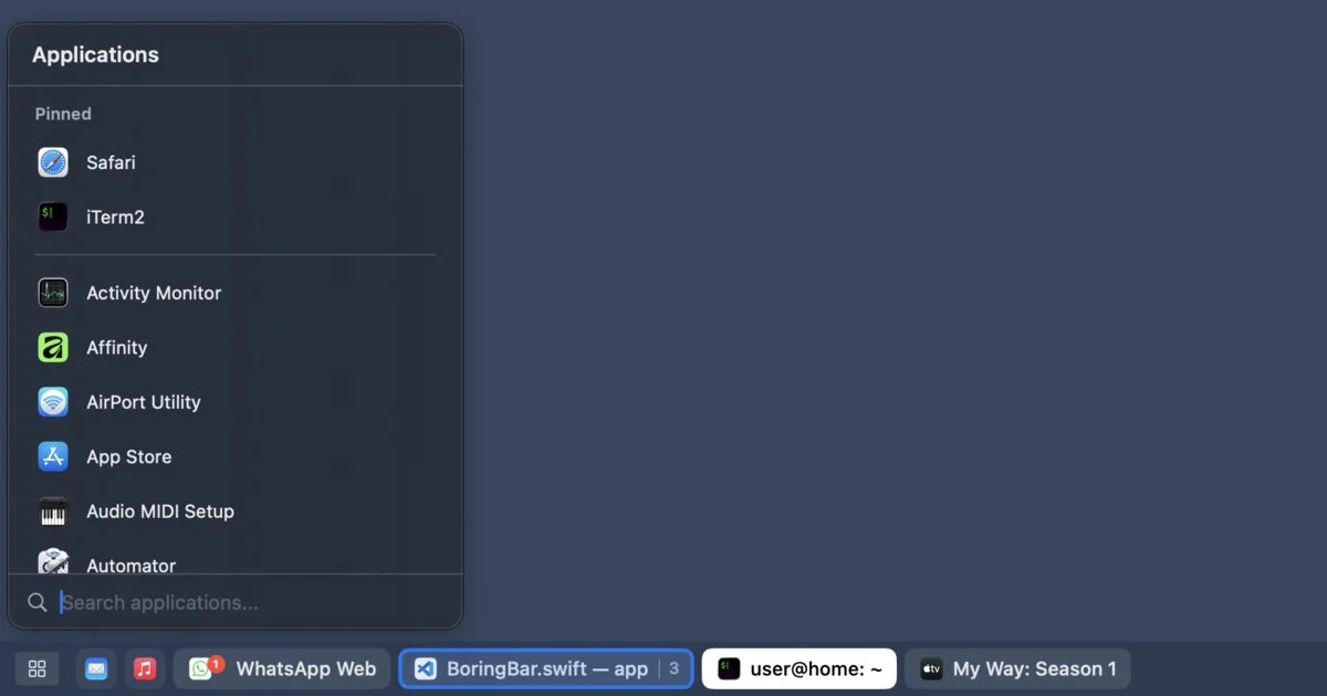 boringBar Mac taskbar showing app launcher and pinned app chips