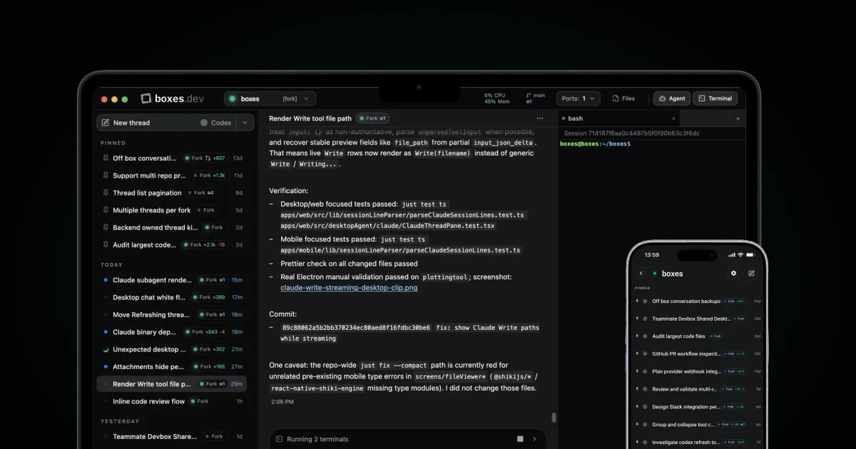 Boxes.dev desktop and mobile agentic dev environment
