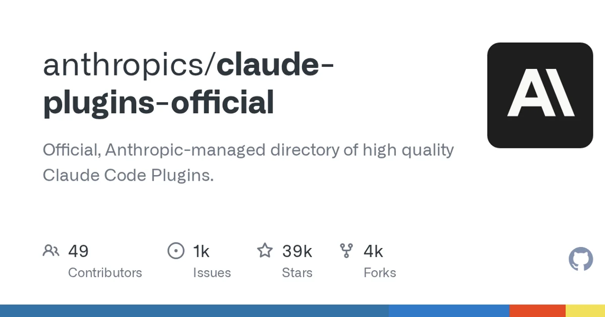 GitHub social preview card for anthropics/claude-plugins-official