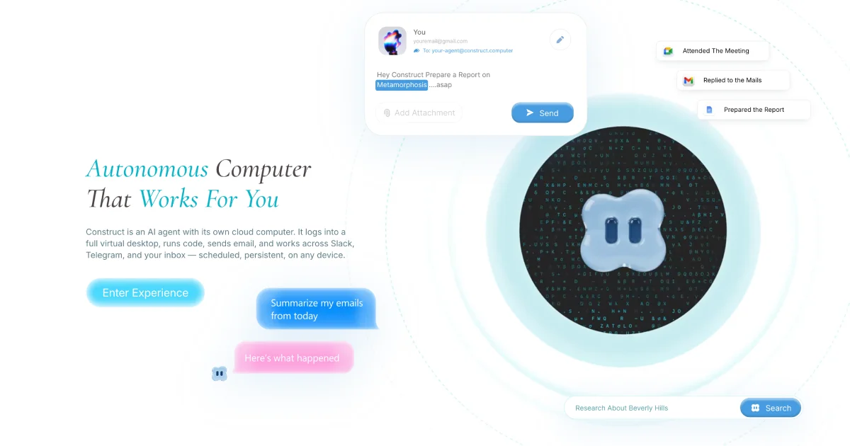 Construct Computer agent cloud OS hero showing email-style interface to your AI agent