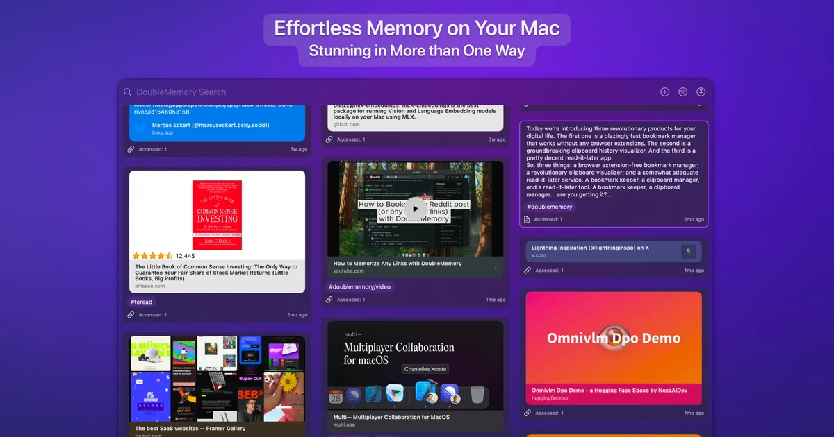 DoubleMemory app showing saved links as cards on a mood board