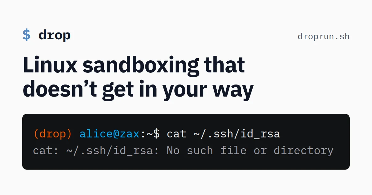 Drop project header with a terminal showing a cat command on an SSH key failing inside the sandbox