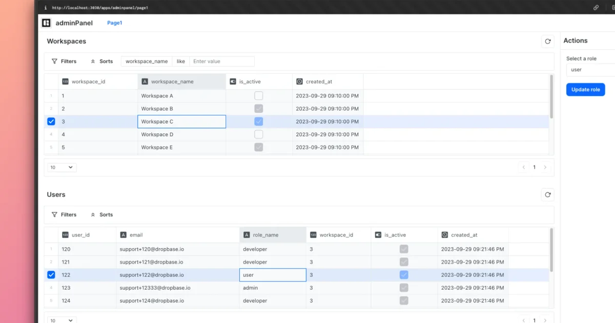 Dropbase AI web app builder interface showing admin panel dashboard