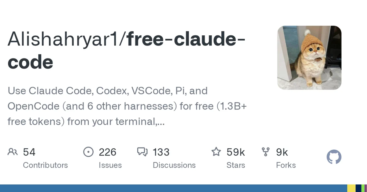 GitHub social preview card for Alishahryar1/free-claude-code