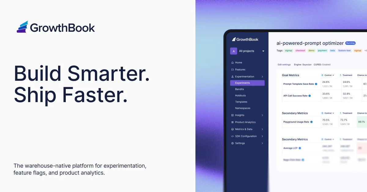 GrowthBook feature flagging and experimentation dashboard