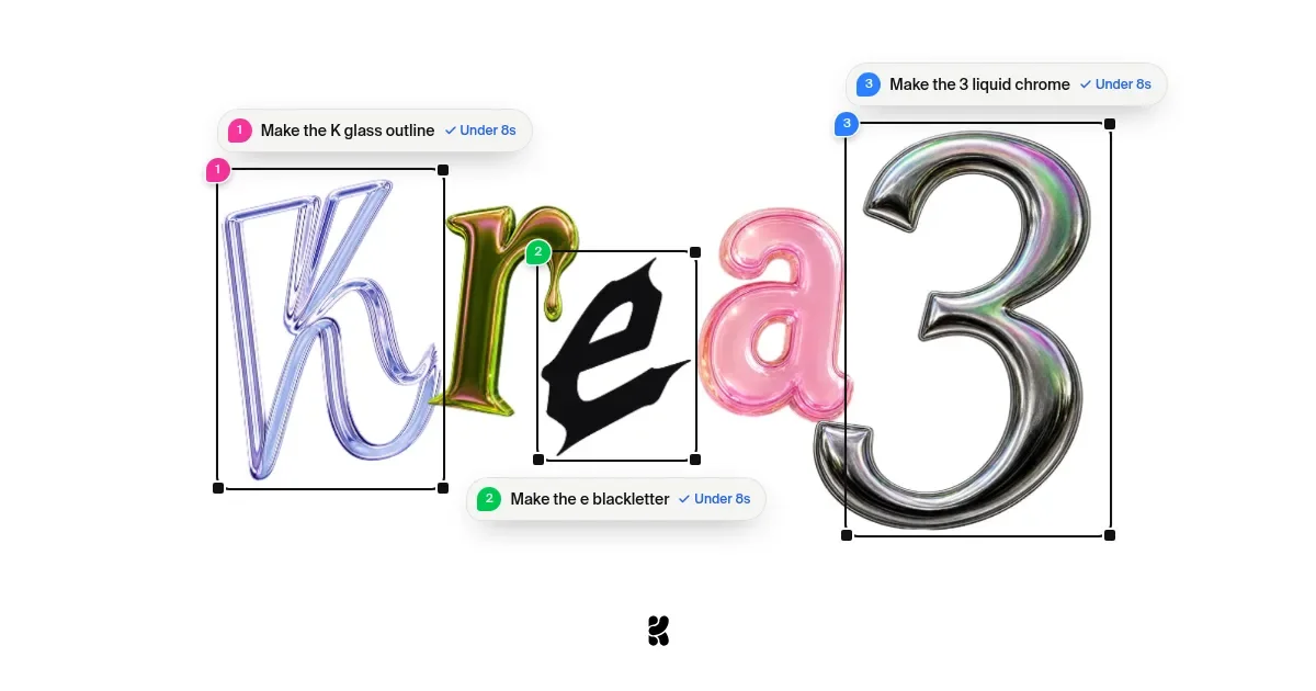 Krea 3 wordmark with three edit boxes showing glass, blackletter and liquid chrome letter treatments