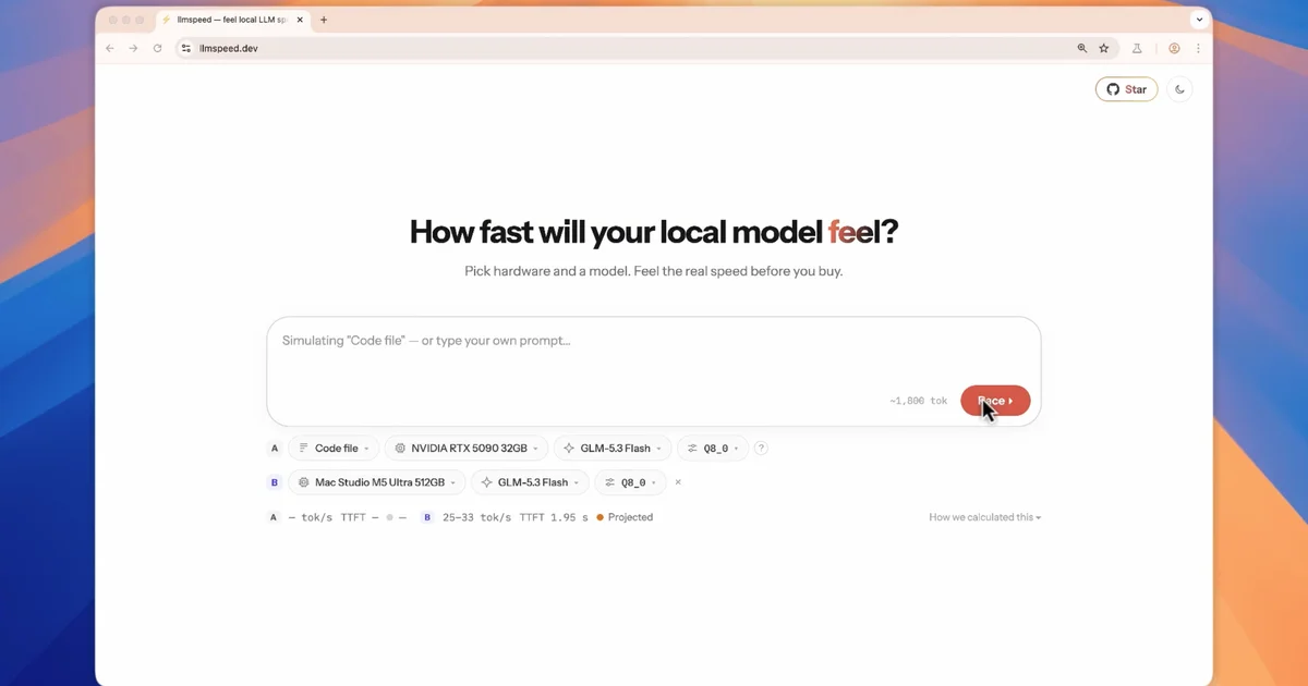 llmspeed simulator preview showing a local LLM response streaming at the speed of a chosen GPU or Mac