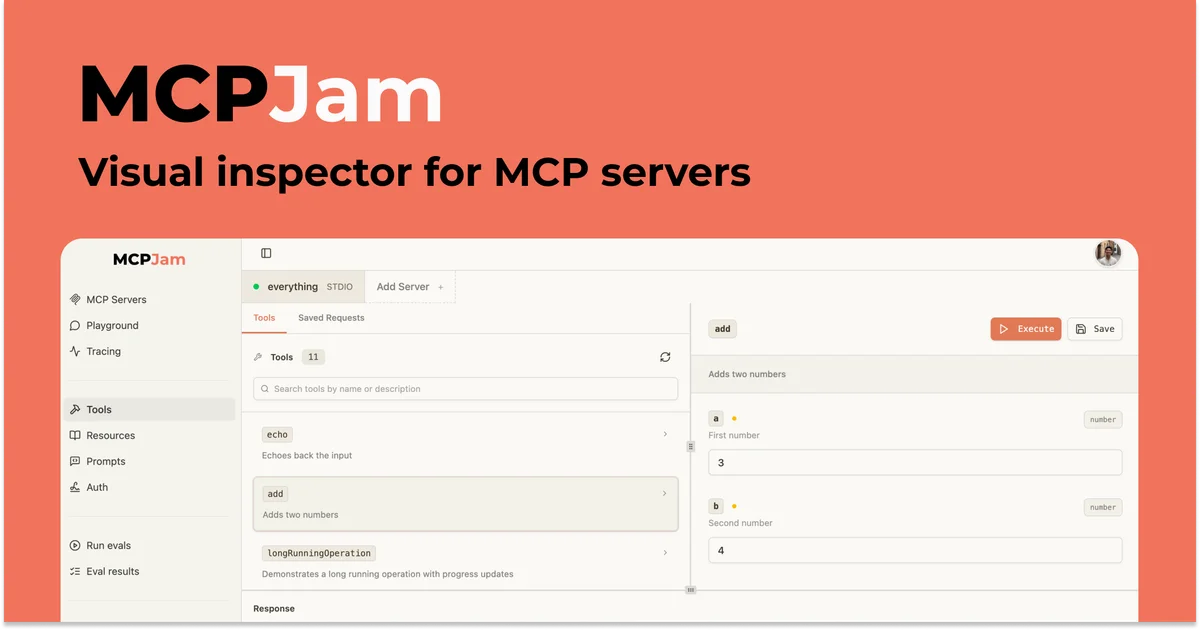 MCPJam inspector interface showing MCP server tools and traces