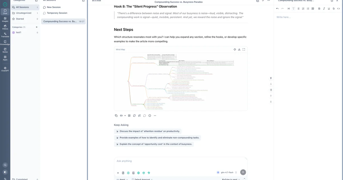 Mirdel desktop AI workspace showing chat, knowledge base, and workflow modules