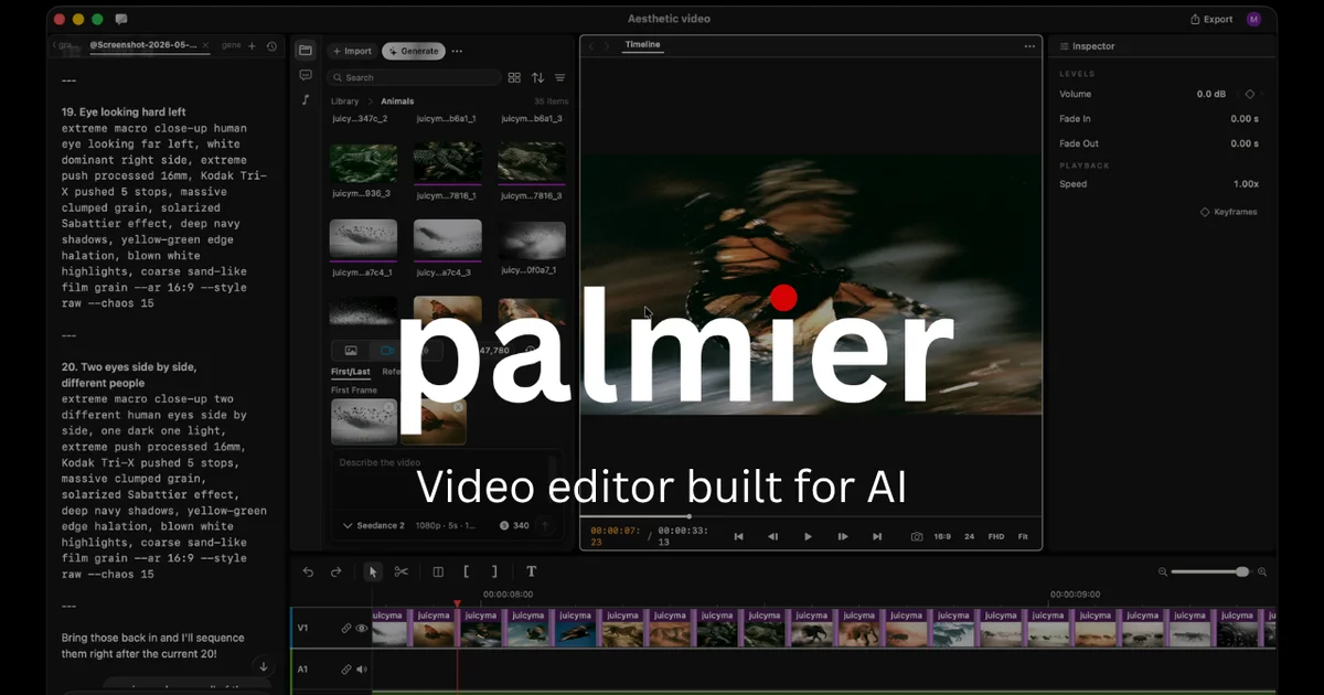 Palmier Pro video editor UI showing timeline and AI generation panel