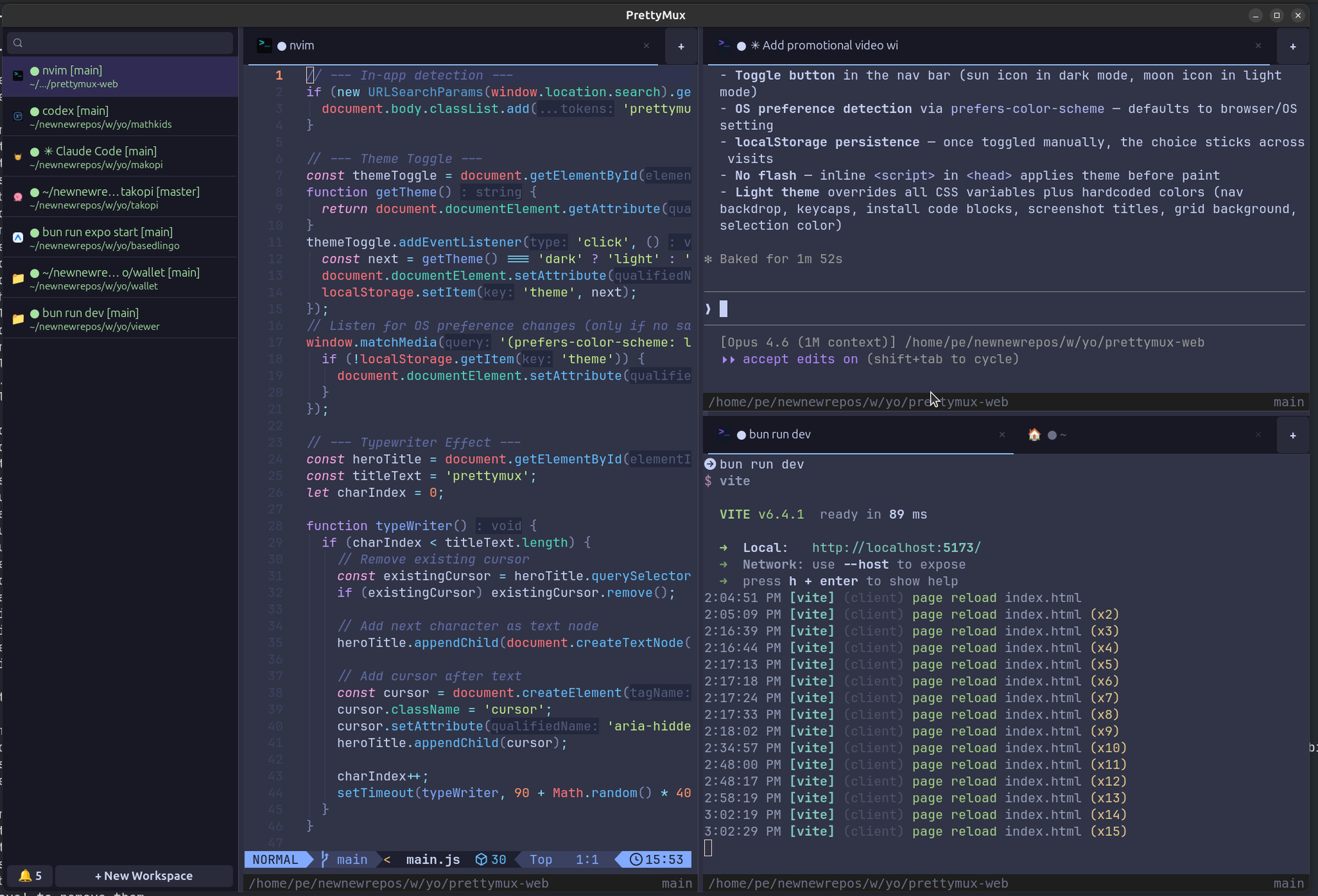 PrettyMux terminal multiplexer showing split panes and workspaces