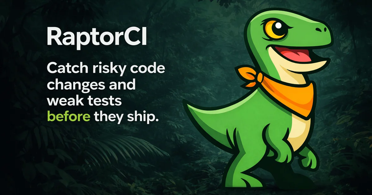 RaptorCI preview card showing PR risk detection interface