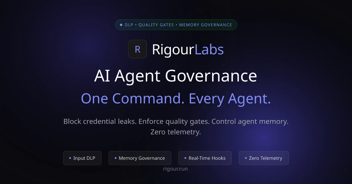 Rigour AI Agent Governance dashboard showing quality gates and DLP checks