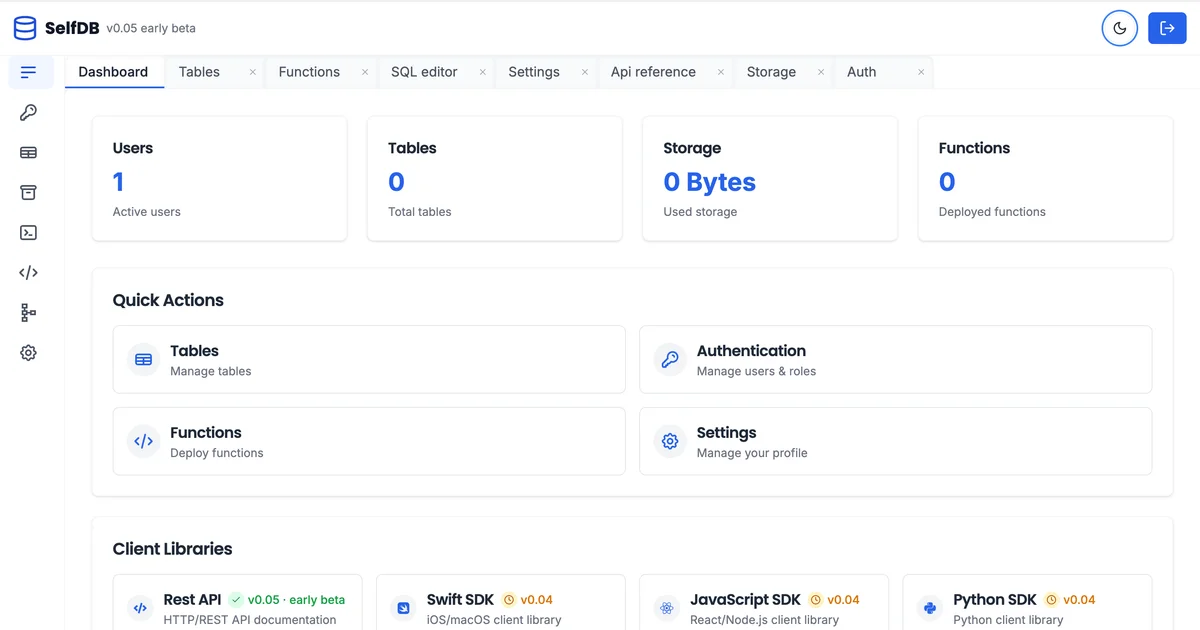 SelfDB dashboard showing the admin console interface