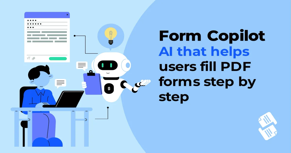 SimplePDF Copilot illustration showing an AI assistant filling a PDF form beside a browser editor
