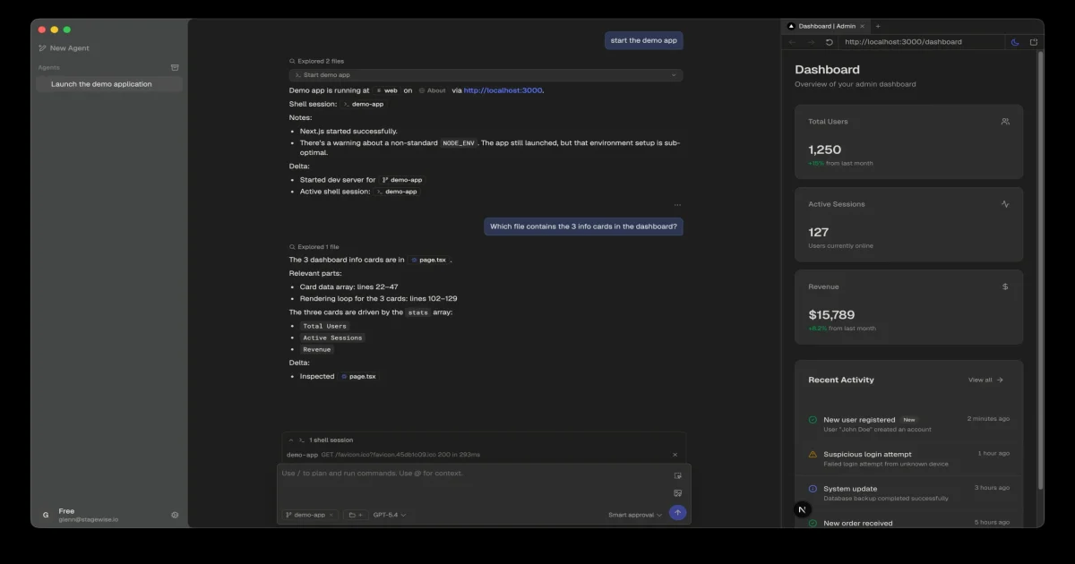 Stagewise agentic IDE showing coding agent exploring files with live dashboard preview