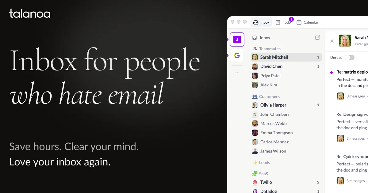 Talanoa email client interface showing people-first inbox layout