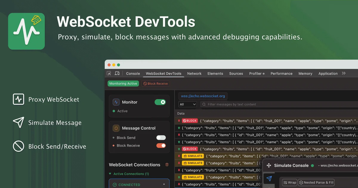 WebSocket DevTools Chrome extension interface showing message monitoring panel