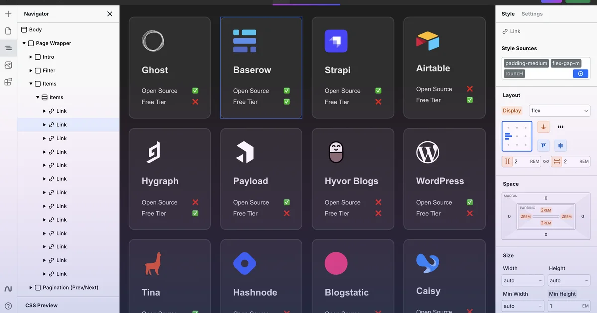 Webstudio visual website builder interface showing the drag-and-drop editor