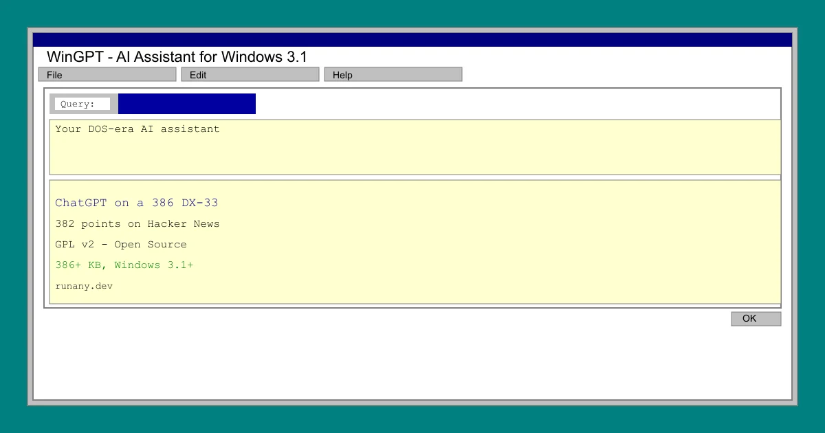WinGPT AI assistant running on Windows 3.1